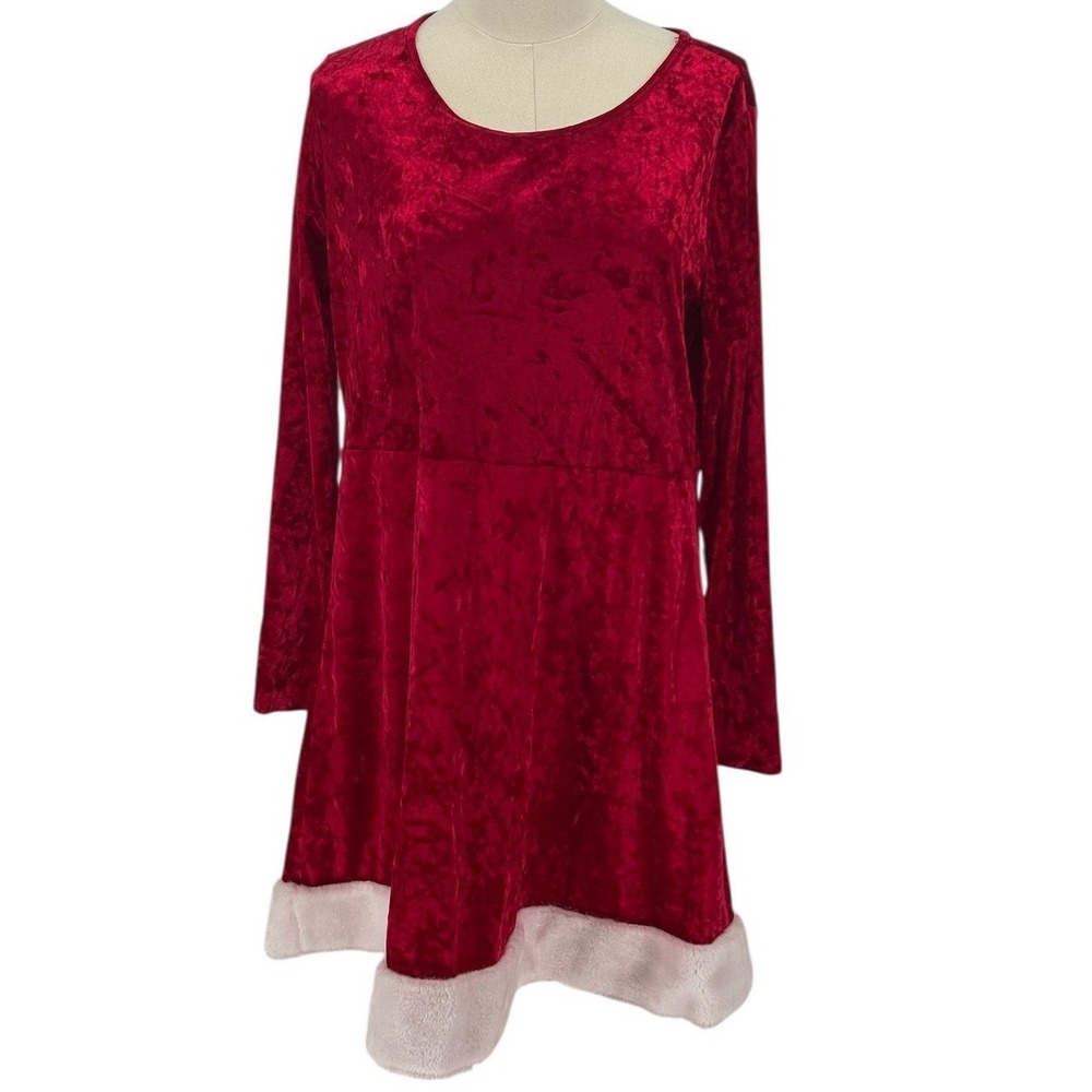 Basic Editions Women Red Velvet Long Sleeve Dress with Faux‎ Fur Trim XXL